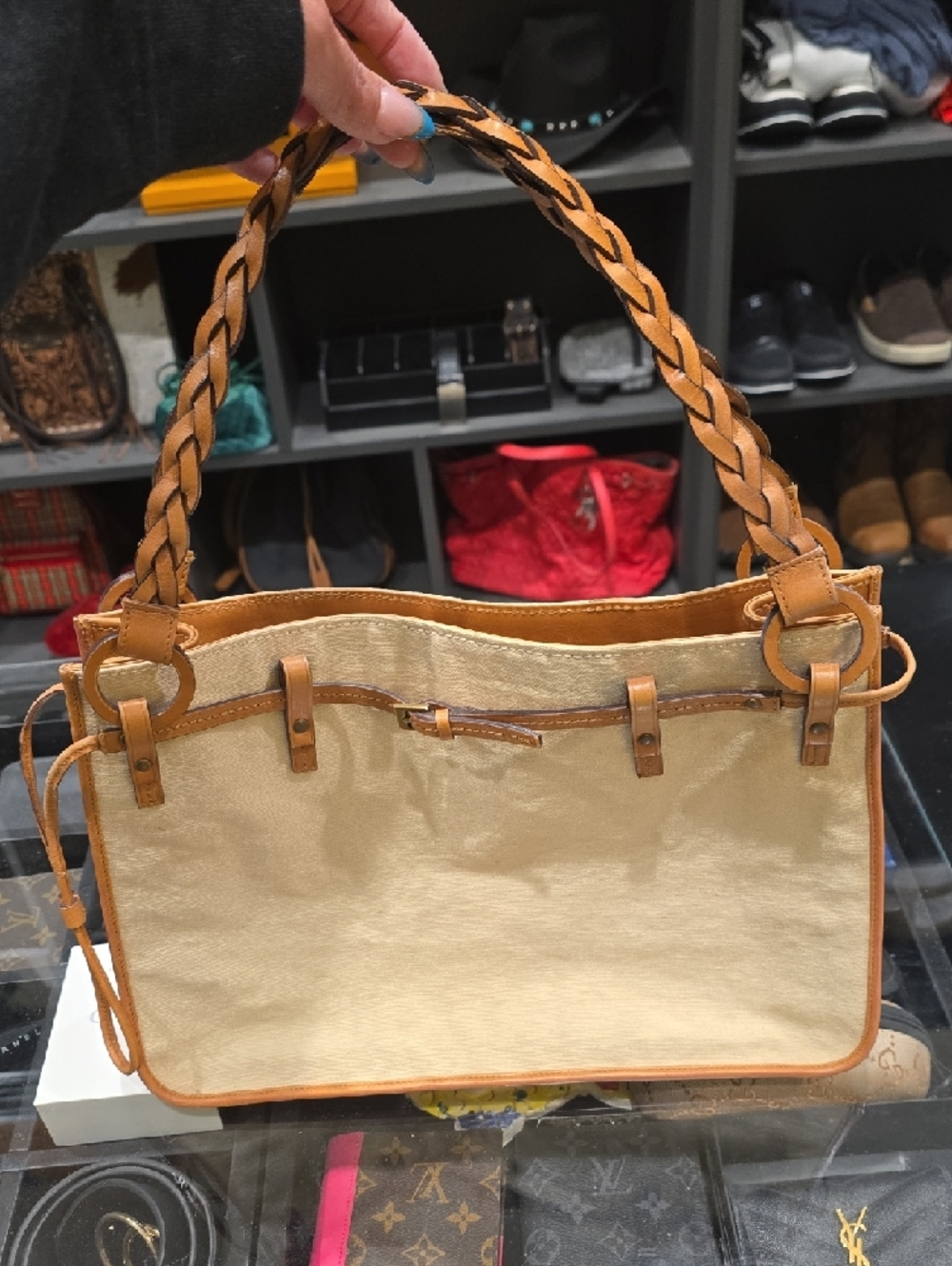 Gucci Cream Canvas Shoulder Bag with Tan Leather Braided Strap - Picture 2 of 6